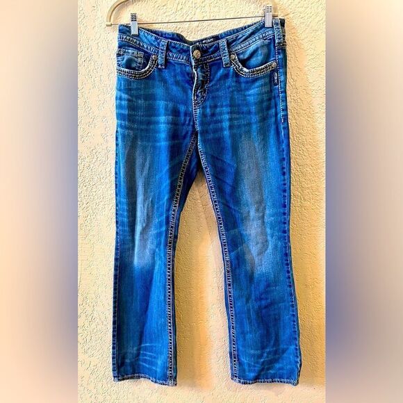 Silver Aiko Mid Boot Jeans Womens Sz 31 X 31 Embroidered Pockets Whiskered - Picture 2 of 12